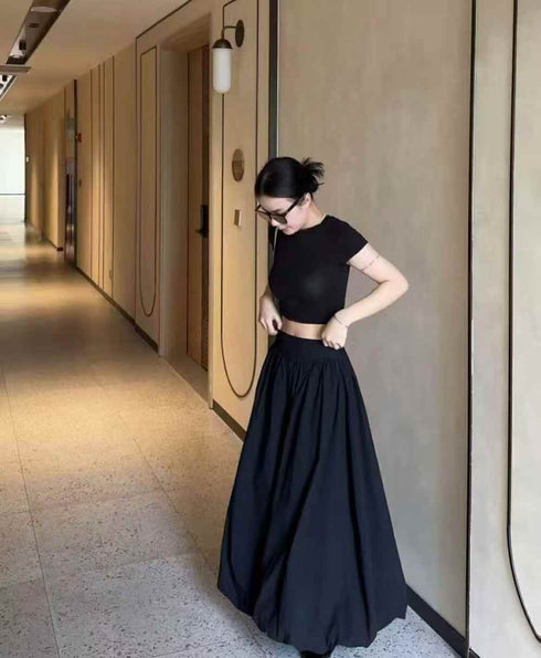 Spring Crop T-Shirts With Cargo Bubble Long Skirts Sets